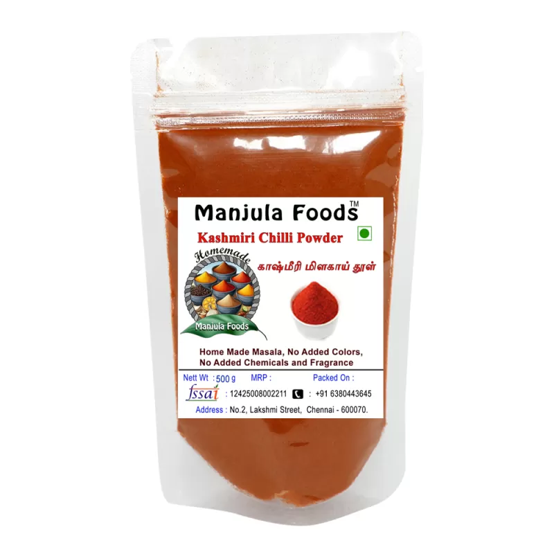 Manjula Foods Kashmiri Chilli Powder | 100% Pure & Natural | Mild Spice | Rich Red Colour | 500g