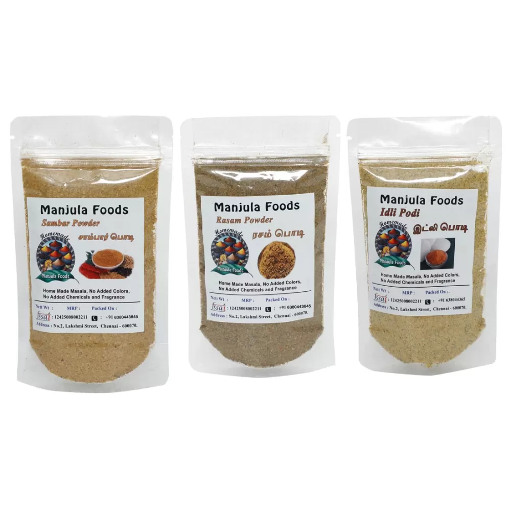 Manjula Foods South Indian Essentials Combo Pack – Idli Podi, Rasam Powder & Sambar Powder (100g Each) | Traditional Homemade Masalas | Authentic South Indian Taste